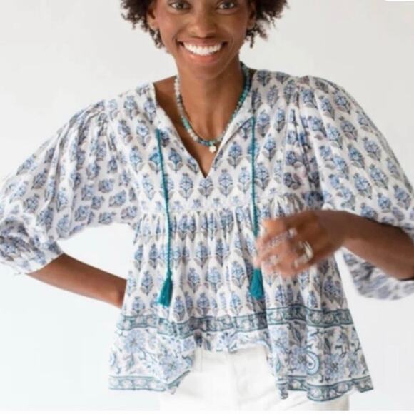 Marea Cotton Blouse Women S White Blue Floral V Neck Boho Tasseled Blockprint - Picture 1 of 9
